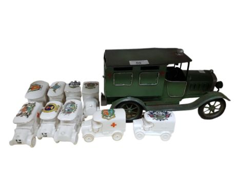 9 VARIOUS GOSS STYLE CRESTED MODEL AMBULANCES AND TIN PLATE MODEL