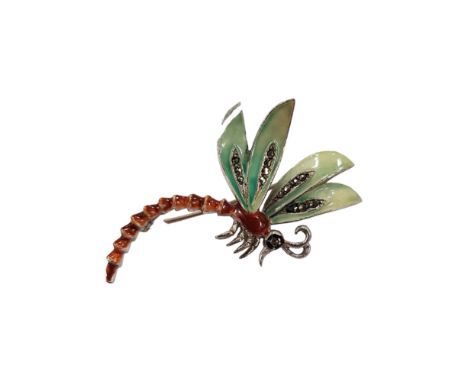 BEAUTIFUL SILVER MARCASITE &amp; ENAMEL DRAGON FLY BROOCH 