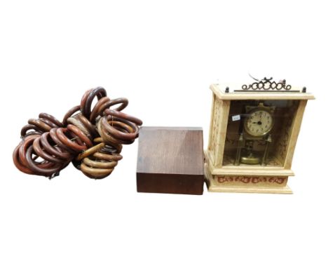 CASED CLOCK, PART OF A GEORGIAN TEA CADDY, VINTAGE WOODEN CURTAIN RINGS 