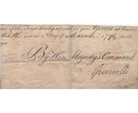 GRENVILLE WILLIAM: (1759-1834) 1st Baron Grenville. British Prime Minister 1806-07. A good ink signature ('Grenville') on an 