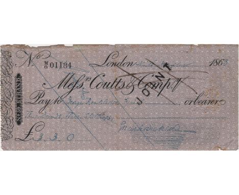 DICKENS CHARLES: (1812-1870) English Novelist. D.S., Charles Dickens, being a signed cheque, London, 9th November 1863. The p