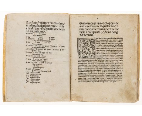 Borgo (Pietro) Aritmetica mercantile, first edition, 118 leaves, 36-38 lines, gothic type, woodcut initials, printed marginal