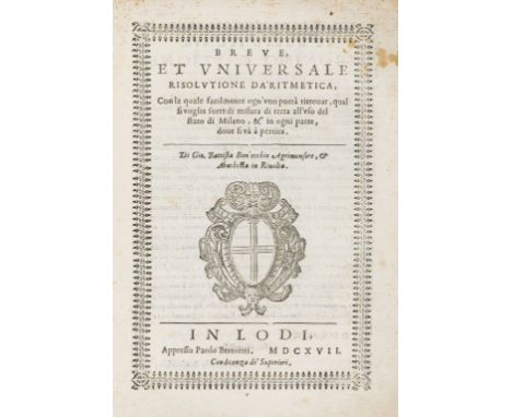 Bonocchio (Giovanni Battista) Breve, et universale risolvtione d'aritmetica, title with woodcut decoration, woodcut initials 