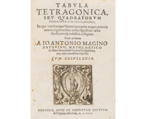 Magini (Giovanni Antonio) Tabula Tetragonica, Seu Quadratorum Numerorum Cum Suis Radicibus, title with engraved vignette, woo