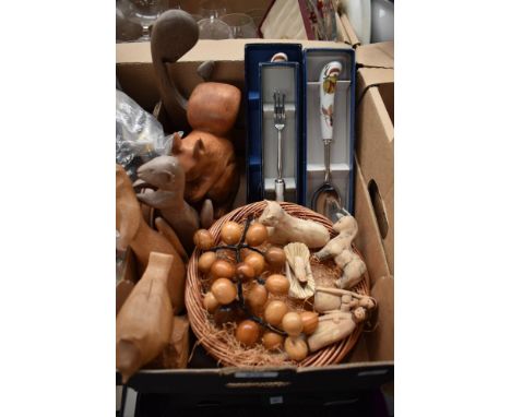 Two boxed serving spoons and a pickle fork by Royal Worcester in the Evesham pattern, five wooden animal studies, an assorted