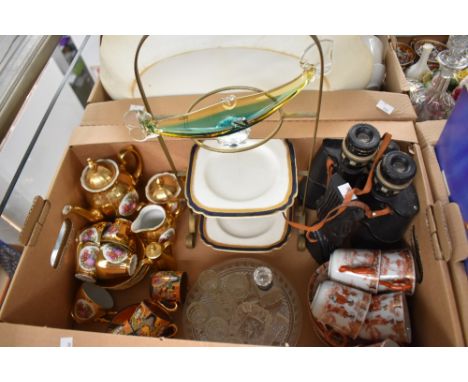 A miscellaneous selection of items including a vintage dark green and amber Murzno glass gondola, two oriental style part tea