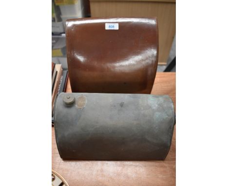 A vintage stone hot water bottle, of sloped form, for carriage or motor car foot well and a metal hot water bottle.