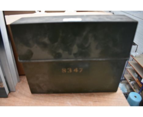 A vintage metal letter rack with lid, possibly military. dimensions 26cm x 20cm x 6.5cm.