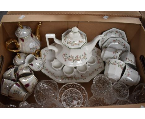 A Johnson Bros Eternal Beau' part tea service (14 pieces approx) including napkin rings, a selection of cut glass and crystal