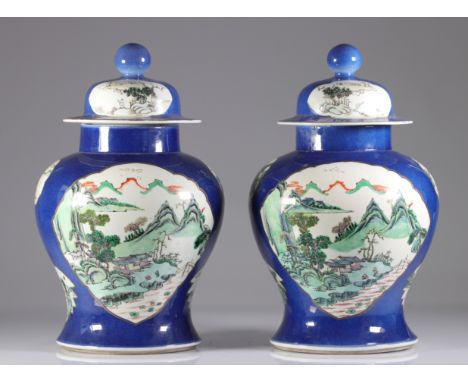  China pair of blue powdered vases decorated with landscapes - Sizes: H 400mm L 250mm - Weight (K): 6,2kg - Condition: After 