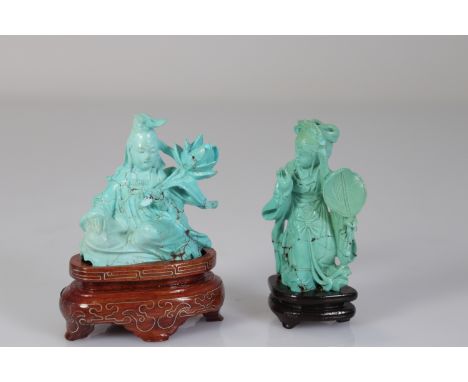  China 2 statues in turquoise - Sizes: h90mm l40mm h90mm l70mm - Weight (K): 0,135kg - Condition: at first sight - small knoc