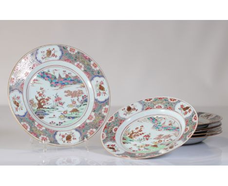  Series of 6 porcelain plates from the 18th century famille rose landscape decor - Sizes: D 230mm et une de D254mm - Weight (