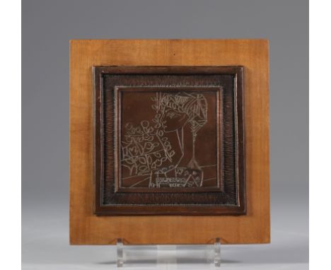  Pablo Picasso (after). â€œPortrait of Madame Zâ€. Circa 1980. Embossed copper plate installed on a wooden panel. Marked "Pic