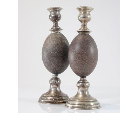  Pair of ostrich egg and solid silver candlesticks XIX - Sizes: H 280mm L 90mm - Weight (K): 0,8kg - Condition: After verific
