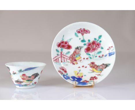  Bowl and saucer in 18th century Chinese porcelain decorated with roosters - Sizes: Assiette D 104mm H bol 40mm - Weight (K):