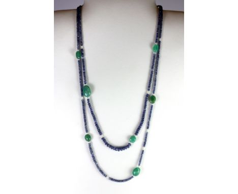 A stunning polished emerald, sapphire and seed pearl graduated necklace, L. 58cm.