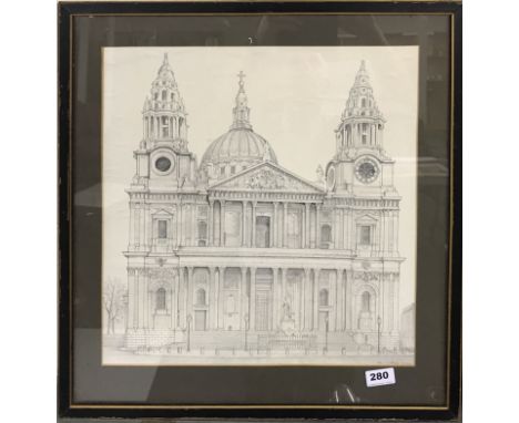 Robert Carthew (contemporary British) framed pencil sketch of the front elevation of St Pauls cathedral London, 56 x 54cm.