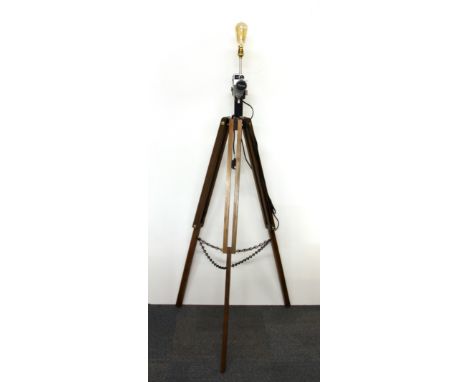 An interesting contemporary standard lamp made using vintage materials including a Canon cine camera and wooden tripod, H. 16