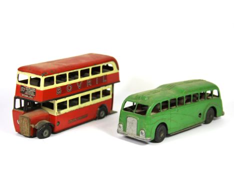 Two vintage toy buses, a Mettoy die-cast green bus W. 18cm, H. 10cm and a Minic tin bus.