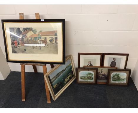A framed coaching print and five other pictures.