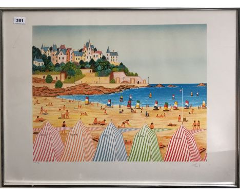 A framed limited edition 1/5 lithograph of a beach scene pencil signed artists proof, 80 x 60cm.