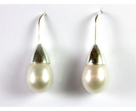 A pair of white metal mounted cultured pearl earrings, L. 3cm.