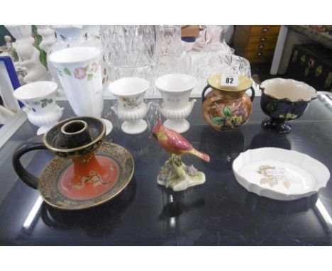 A COLLECTION OF ASSORTED PORCELAIN AND POTTERY INCLUDING WEDGEWOOD JASPER WARE AND A CARLTON WARE CHAMBER STICK