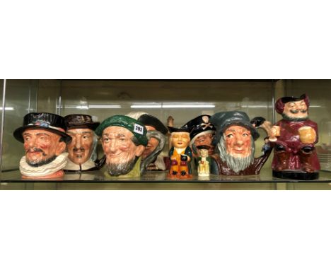 SHELF OF MAINLY ROYAL DOULTON CHARACTER JUGS INCLUDING AULD MAC, LONG JOHN SILVER, SIR JOHN FALSTAFF, RIP VAN WINKLE