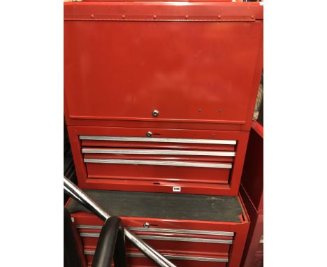 RED MOBILE MECHANICS TOOL CHEST WITH TOP BOX, SOME DRAWERS CONTAINING SPANNERS AND OTHER TOOLS