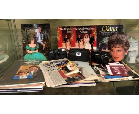 SHELF OF ROYAL WEDDING RELATED EPHEMERA AND MEMORABILIA, NEWSPAPER CUTTINGS A ROLY CAMERA AND TWO OTHERS