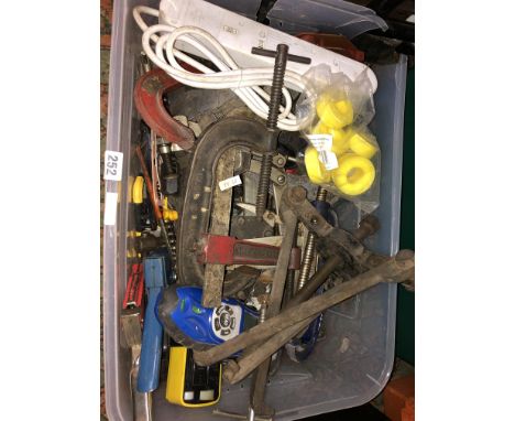 BOX OF MISCELLANEOUS TOOLS INCLUDING G CLAMPS, STAPLER, ETC