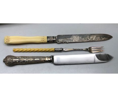 SILVER BLADED CAKE KNIFE, SILVER HANDLED SHEFFIELD CAKE KNIFE AND A PICKLE FORK