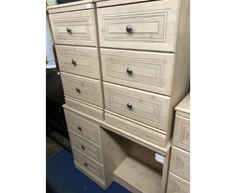PAIR OF LIGHT MAPLE THREE DRAWER BEDSIDE CHESTS, KNEEHOLE DRESSING TABLE AND TRIPLE MIRROR