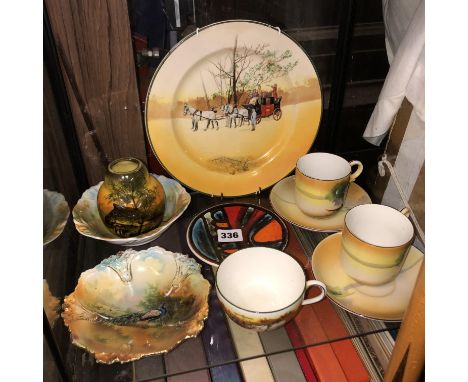 POOLE POTTERY DISH, PAIR OF JAPANESE CABINET CUPS AND SAUCERS, ROYAL DOULTON COACHING SERIES PLATE AND CUP