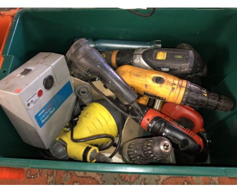 TWO BOXES OF CORDLESS DRILLS, VINTAGE DVD CAR RECORDERS AND POWER UNITS