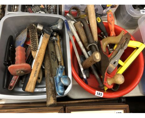 TWO WASHTUBS OF GENERAL TOOLS INCLUDING BOLSTER CHISEL, HAMMER, MONKEY WRENCH, PLANE