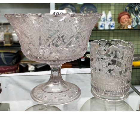 PRESSED GLASS QUEEN VICTORIA JUBILEE PEDESTAL SUCRIER AND A HELMET CREAMER