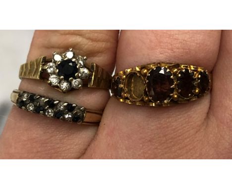 9CT GOLD CZ CLUSTER DRESS RING, 9CT GOLD RUBY RING (STONE MISSING) AND ONE OTHER (SHANK A/F) 5G APPROX