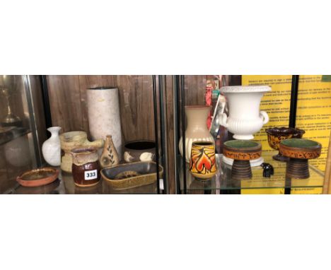 TWO SHELVES OF VARIOUS STUDIO POTTERY AND POOLE POTTERY