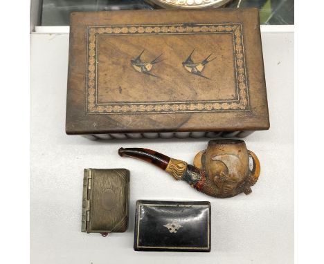 MEERSCHAUM EAGLE TALON BOWL PIPE, BASE METAL BOOK, STAMP AND COIN HOLDER AND A BLACK PAPIER MACHE SNUFF BOX IN AN OLIVE WOOD 