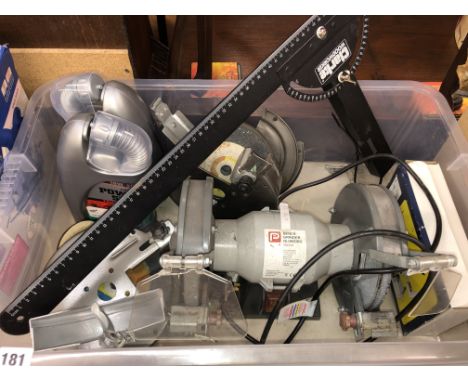 150 BENCH GRINDER AND SPARE DISCS, SOME MOTOR OIL AND A BLACK AND DECKER WOODWORKING RULE