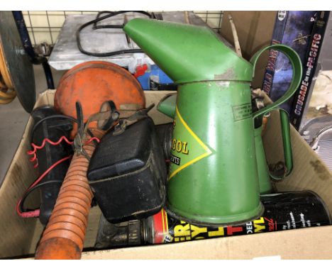 BOX CONTAINING VINTAGE BP AND OTHER OIL CANS AND DISPENSERS