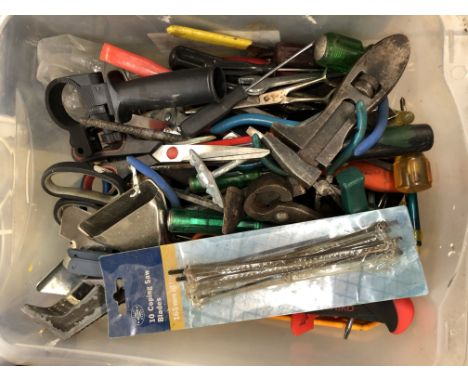 BOX OF MISCELLANEOUS TOOLS - SPANNERS, PLIERS, SCREWDRIVERS, SCISSORS