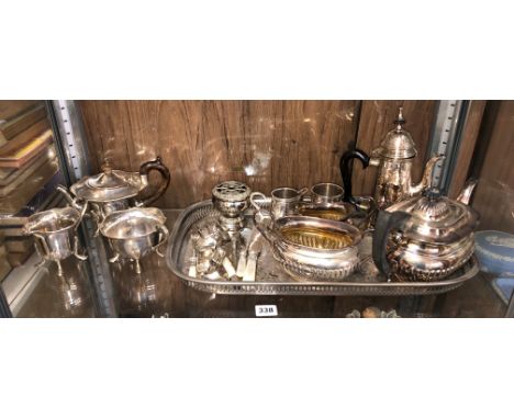 EPNS TRAY, TWO EPNS THREE PIECE TEA SERVICE, MOTHER OF PEARL HANDLED CUTLERY