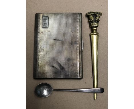 BIRMINGHAM SILVER ENGINE TURNED CIGARETTE CASE 5.6 OUNCES, SPOON AND A BRASS LETTER KNIFE 