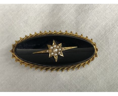 15CT GOLD NAVETTE ONYX AND SEED PEARL STAR HAIR BROOCH 11.8G APPROX