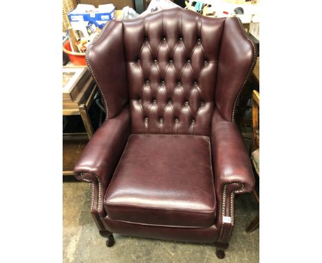 OXBLOOD BUTTON BACK LEATHER WING ARMCHAIR