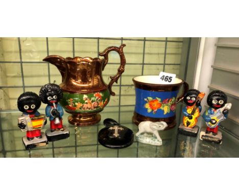 TWO COPPER LUSTRE RESIST JUG AND TANKARD, ROBERTSONS JAM ADVERTISING BAND FIGURES A/F, A WADE WHIMSIE AND A WHITBY JET AND SE