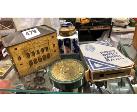 QUATREFOIL INKWELL, SAVINGS BANK AND AN ONGOING CALENDAR