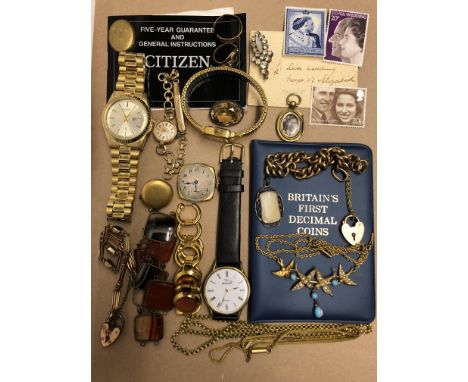 TUB OF MISCELLANEOUS JEWELLERY INC. CITIZENS DAY DATE WRIST WATCH, LADIES 9CT GOLD SMITHS WRISTWATCH ON STRAP, GATE BRACELET,